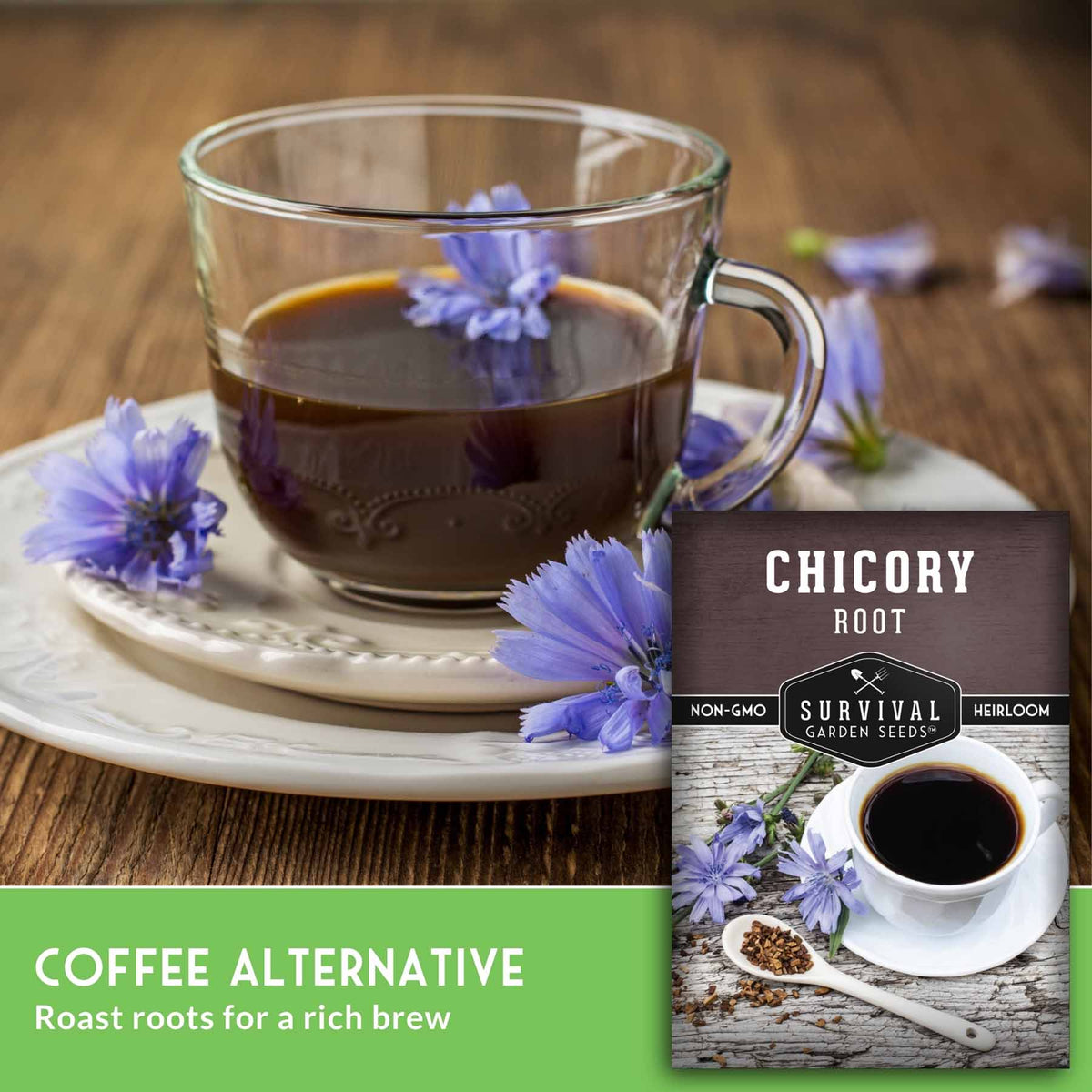 A glass cup of dark coffee on a saucer with purple chicory flowers, alongside a package labeled 'Chicory Root' and the text 'Coffee Alternative' on a green banner.