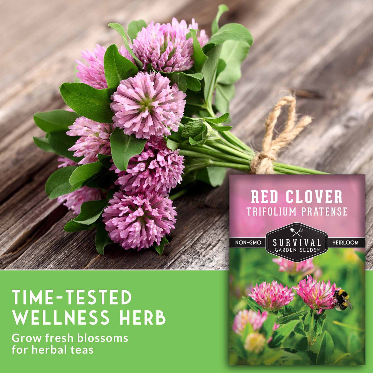 Bouquet of pink clover flowers with a seed packet labeled 'Red Clover' on a wooden surface.