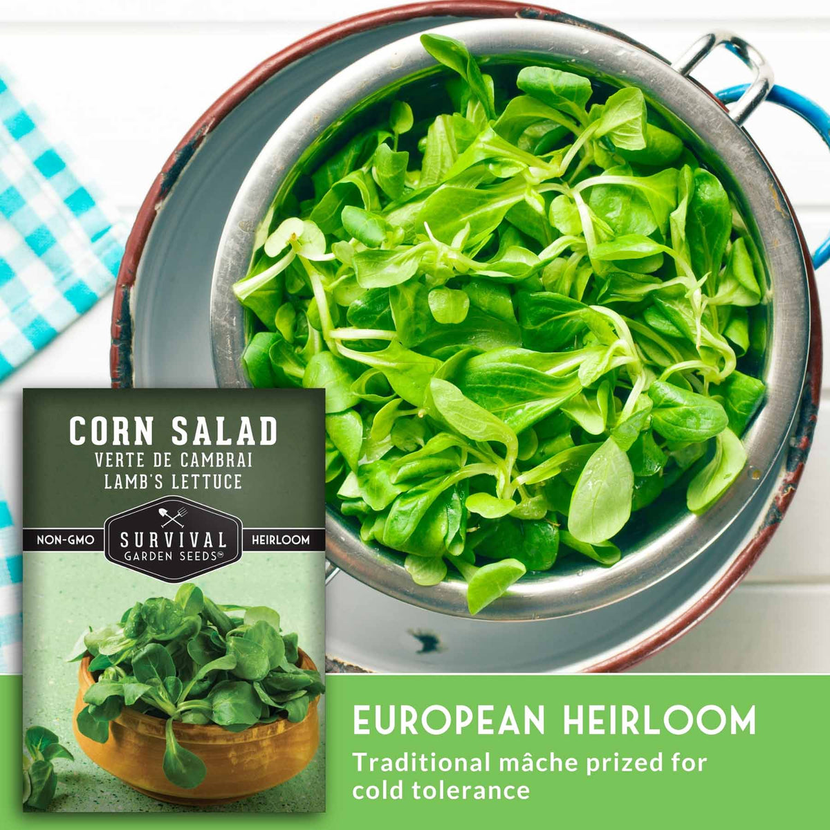 A package of Survival Garden Seeds 'Corn Salad' European Heirloom salad greens shown next to a metal colander filled with fresh green salad leaves, on a white background with a green text banner at the bottom.