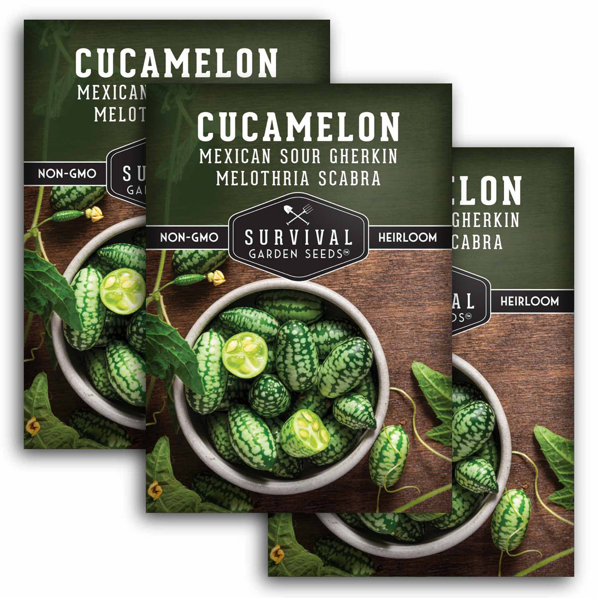 Three packages of Survival Garden Seeds Cucamelon with images of cucamelons and text on a white background.