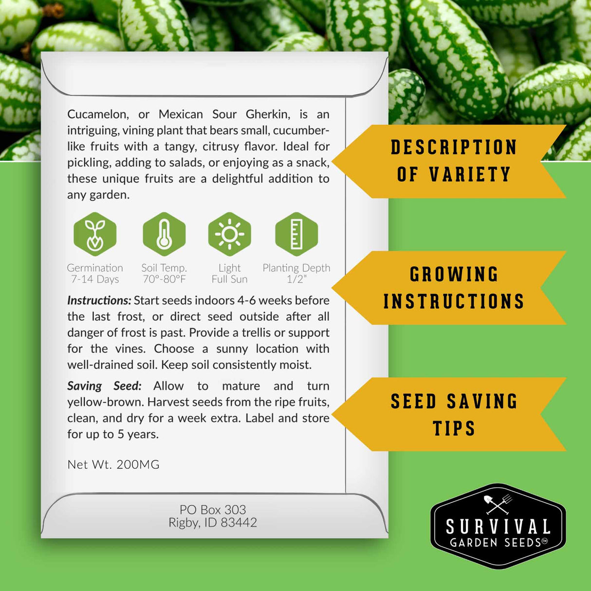 Survival Garden Seeds packaging with Cucamelon information and branding.