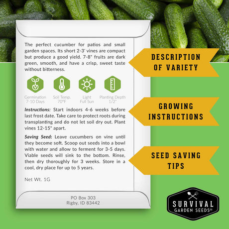 Survival Garden Seeds cucumber seed packet with growing instructions and seed saving tips on a green background.