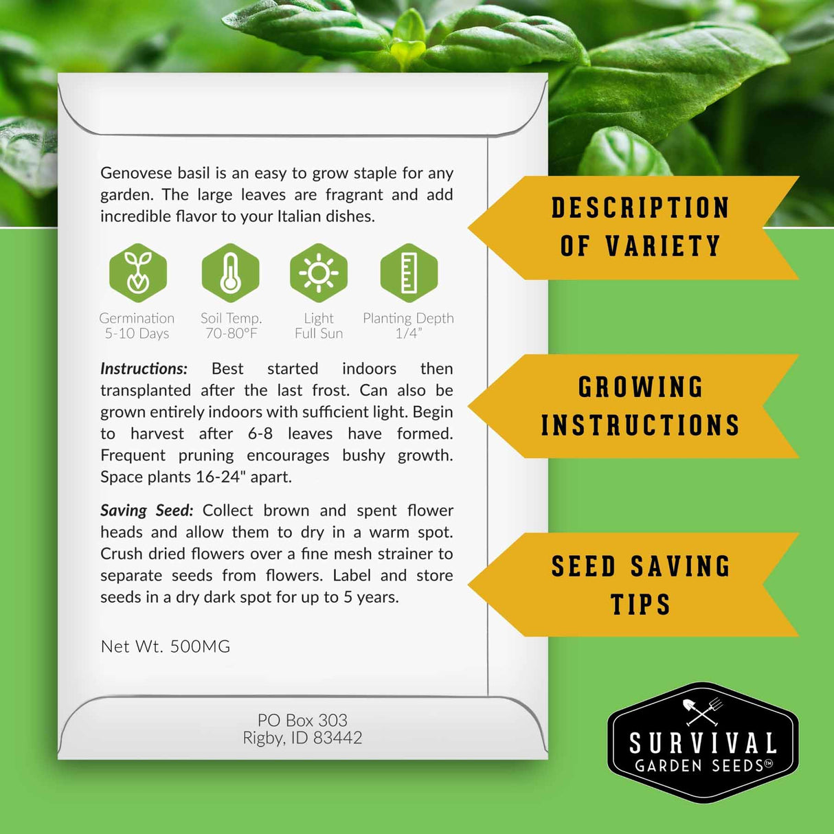Survival Garden Seeds packaging with basil plant and seed information on a green background