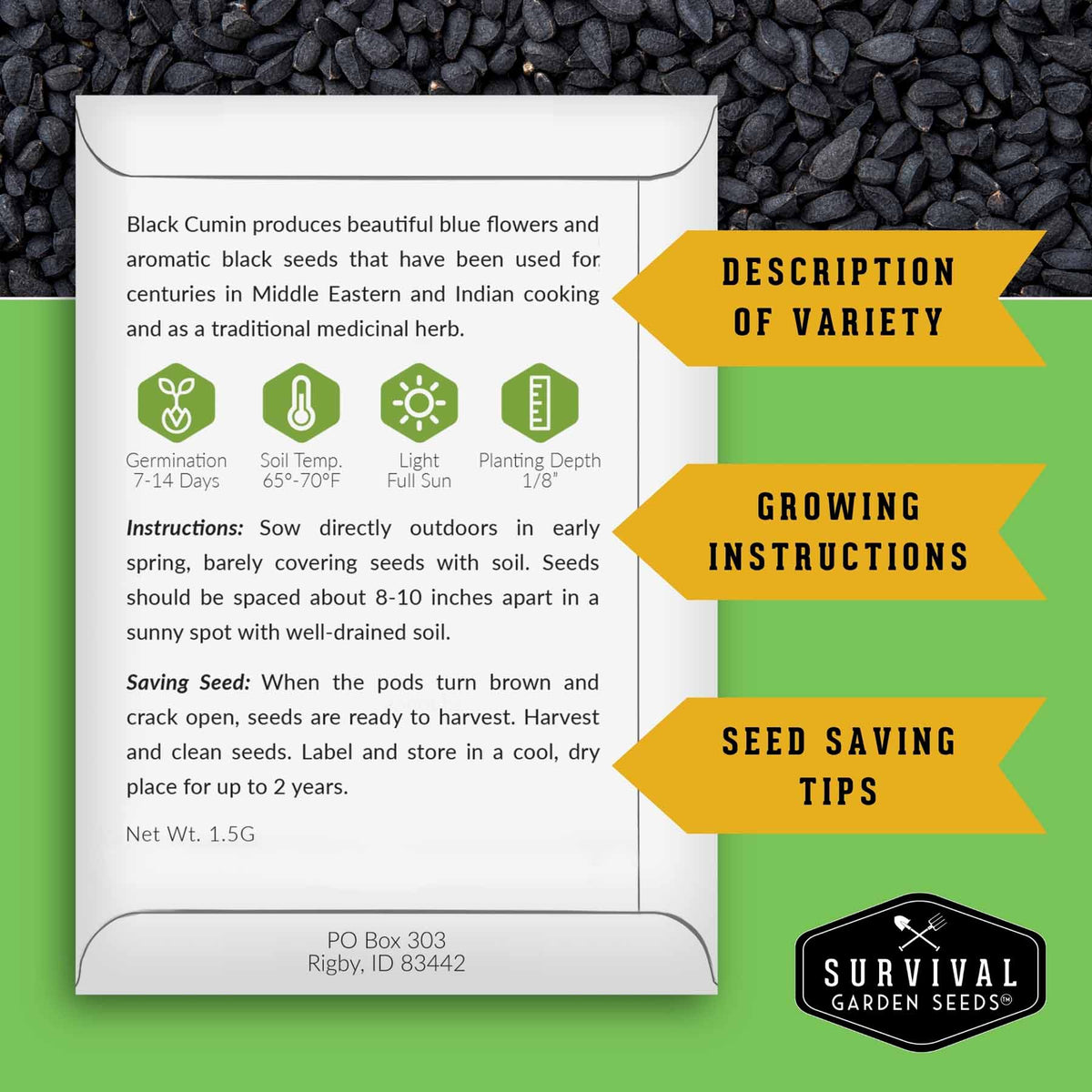 A seed packet for Survival Garden Seeds' Black Cumin herb, shown on a green background with black cumin seeds. The packet contains growing instructions, seed saving tips, and variety description.