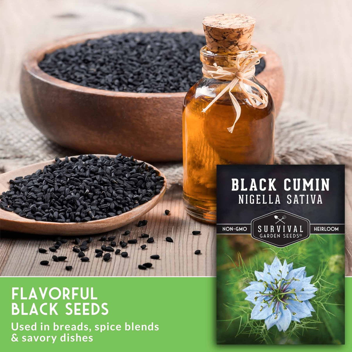 Black cumin seeds shown in wooden bowls and a small glass bottle with cork stopper, alongside a seed packet labeled 'Black Cumin nigella sativa' and a green text banner reading 'Flavorful Black Seeds'.
