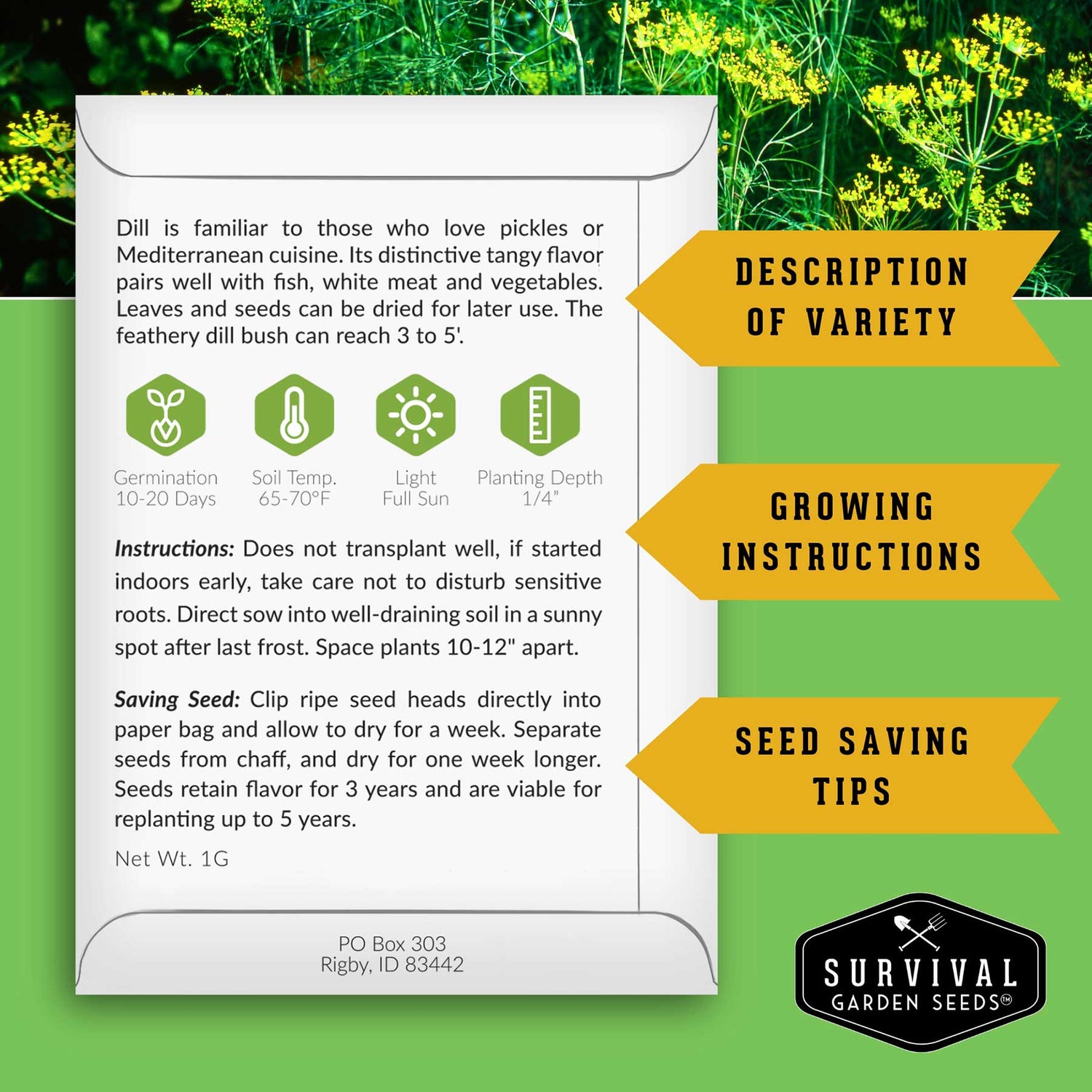 Survival Garden Seeds dill seed packet with growing instructions and tips on a green background
