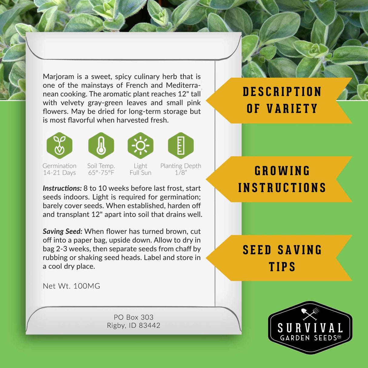 Seed packet for Marjoram with growing instructions and seed saving tips on a green background.