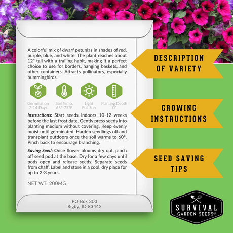 Dwarf Petunia seed packet with growing instructions & seed saving info