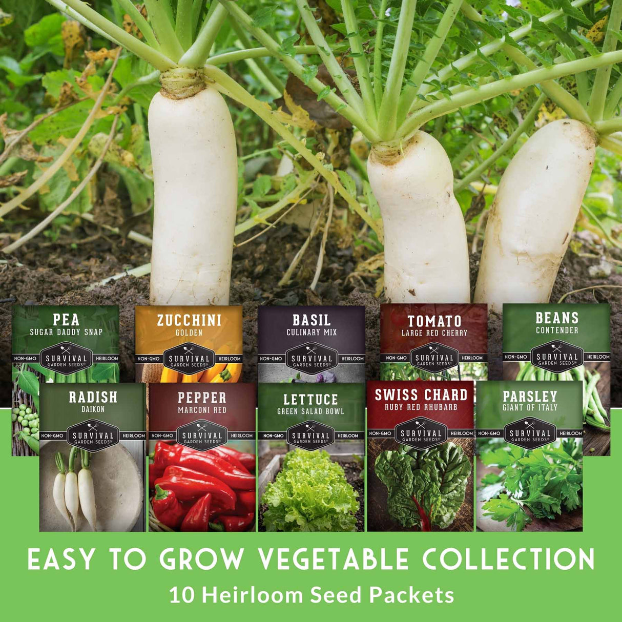 Collection of heirloom seed packets for various vegetables with radishes in the background.
