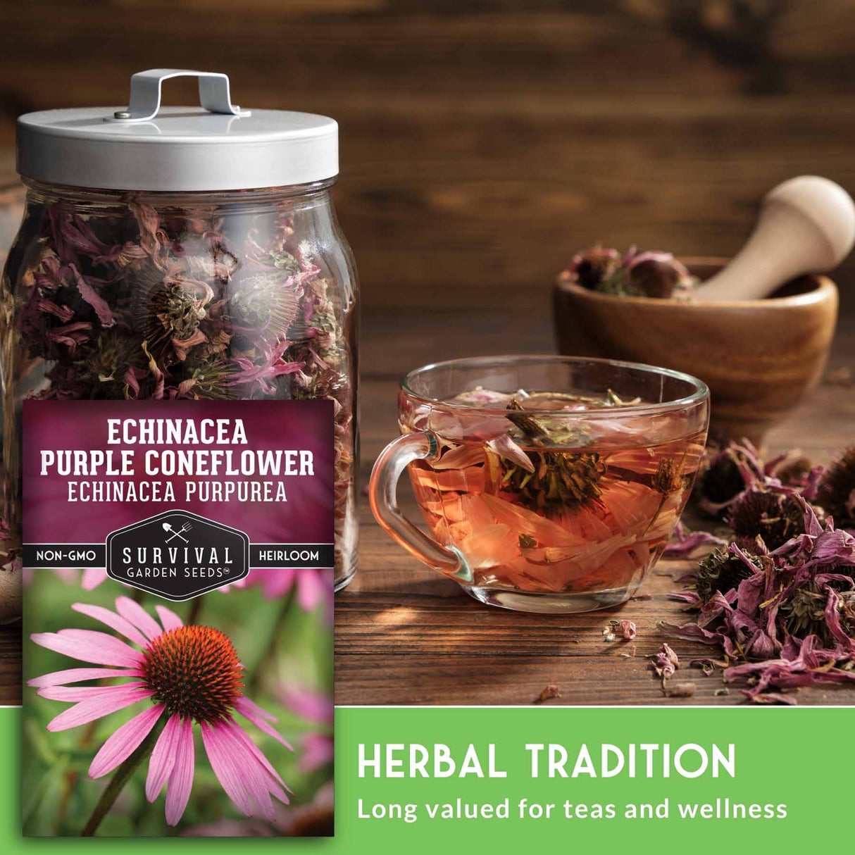 dried echinacea flowers with seed packet and text that says Herbal Tradition