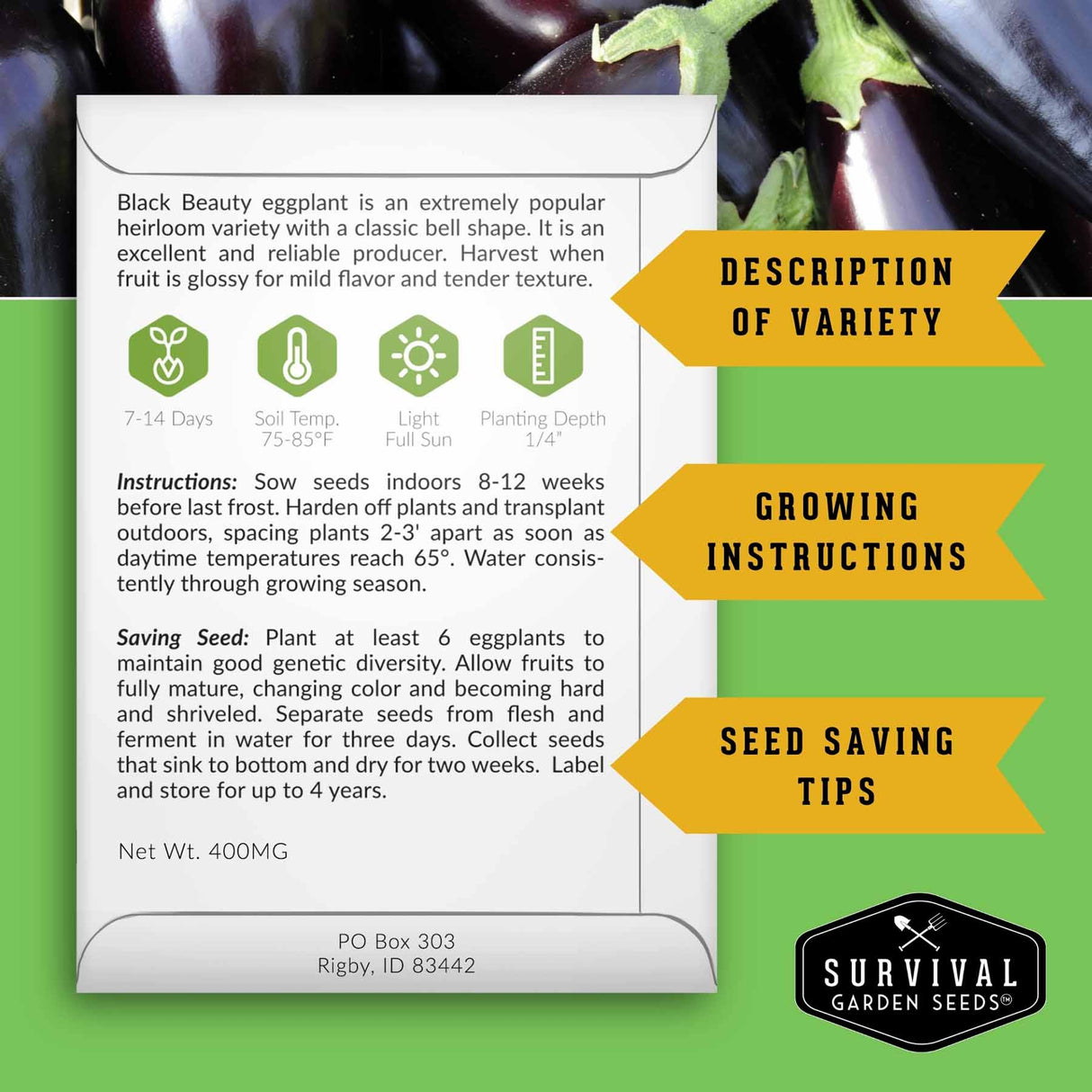 Survival Garden Seeds eggplant seed packet with text and branding