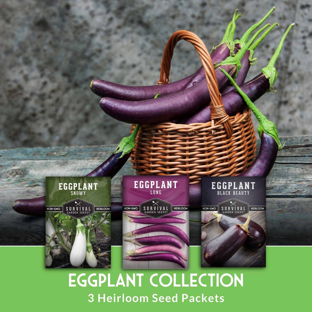 Basket of purple eggplants with three seed packets labeled 'Snowy', 'Long', and 'Black Beauty' on a wooden surface.