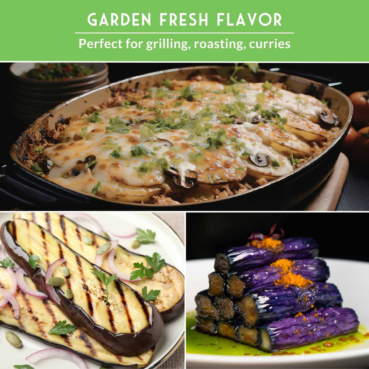 Collage of roasted vegetables with text 'Garden Fresh Flavor' on a green background.
