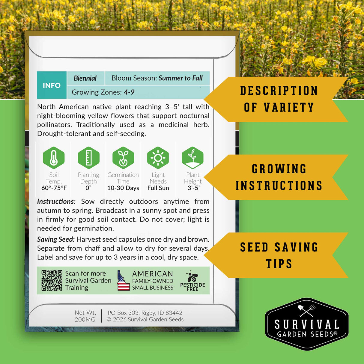 Survival Garden Seeds packaging with plant information and branding