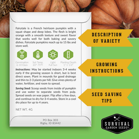 Survival Garden Seeds packaging for Fairytale pumpkin seeds with text and graphics.