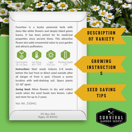 Feverfew seed packet with growing instructions and seed saving information