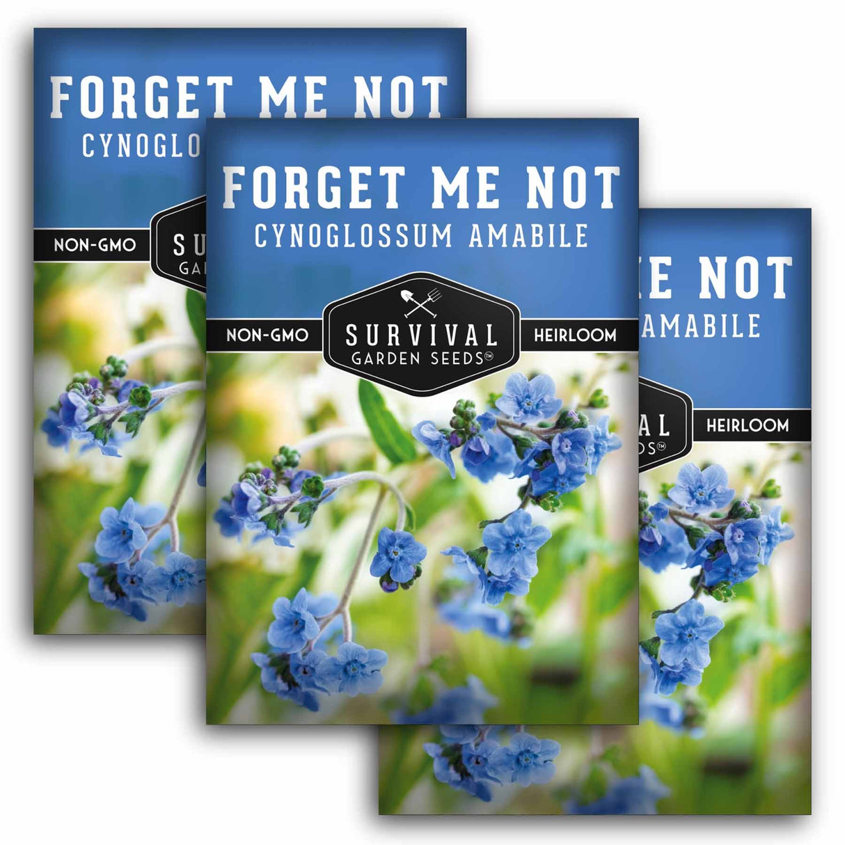 Three packages of Survival Garden Seeds Forget Me Not seeds with blue flowers on a white background.