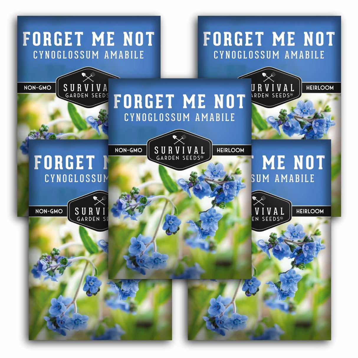 Five packages of Survival Garden Seeds Forget Me Not seeds with blue flowers and green leaves.