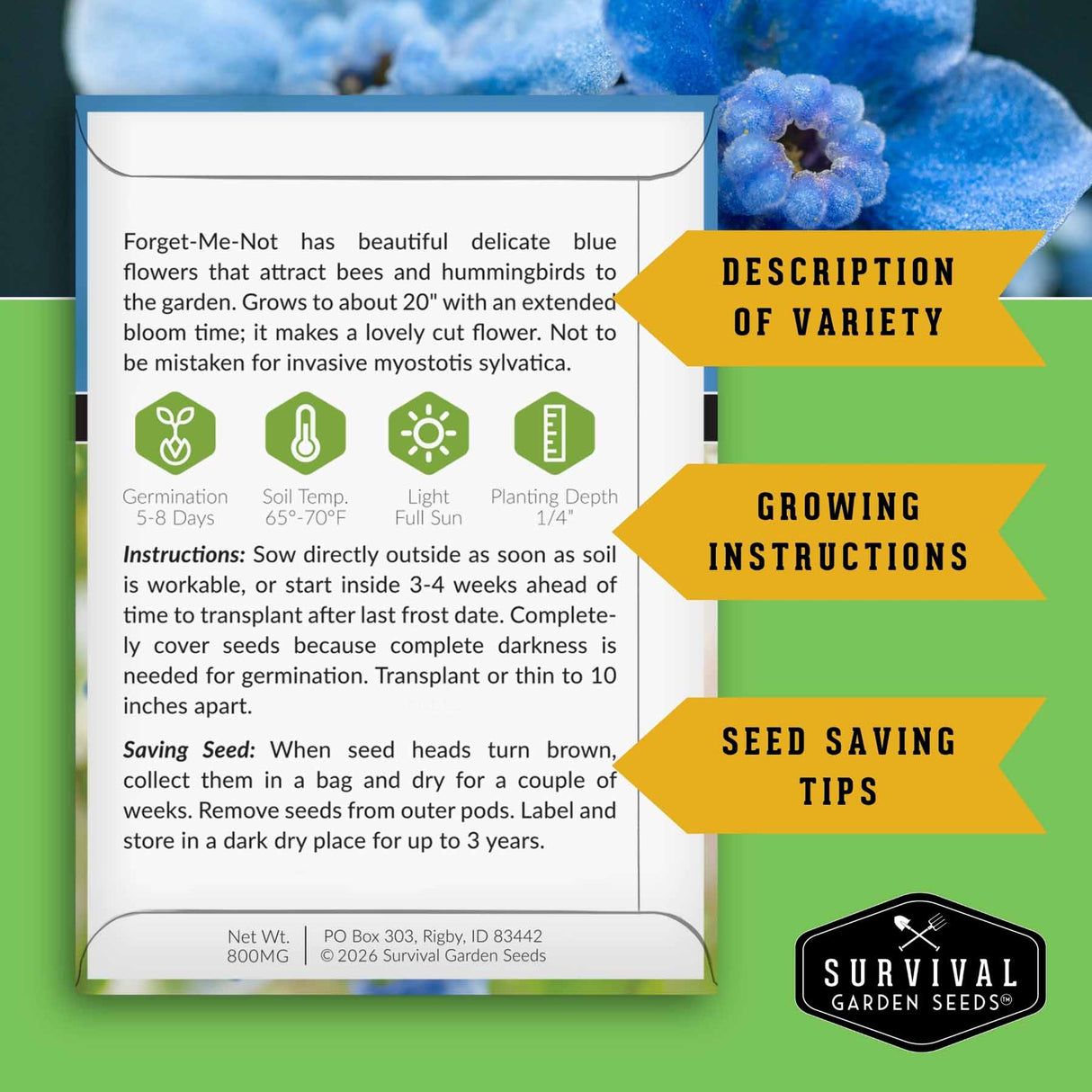 Seed packet for Forget-Me-Not with growing instructions and Survival Garden Seeds branding.