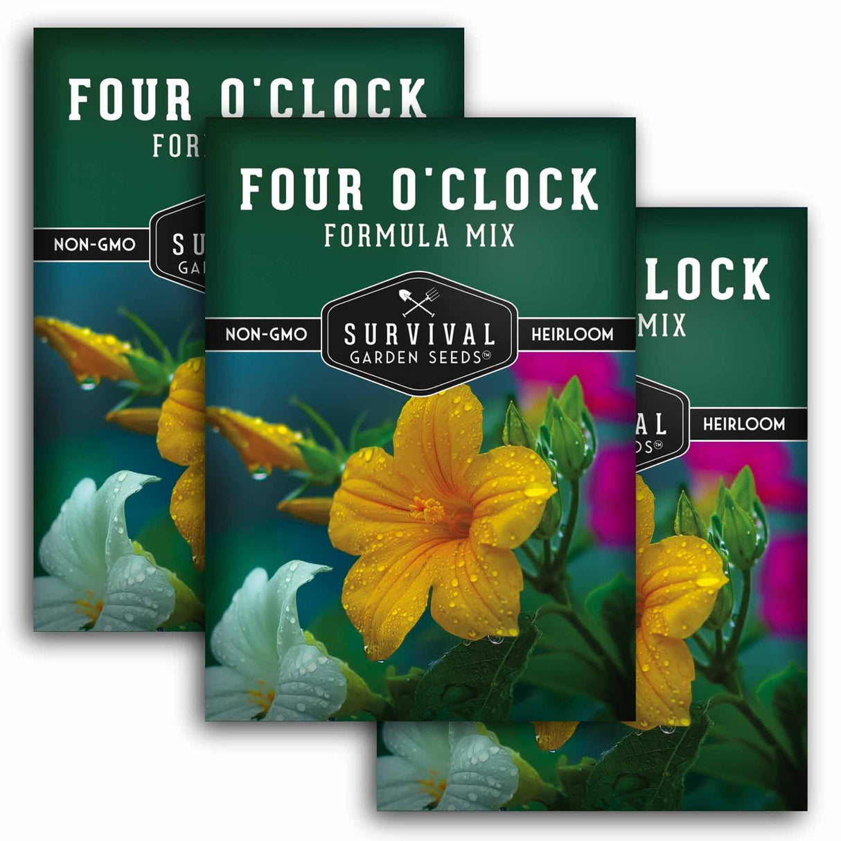 Three packages of Survival Garden Seeds Four O'Clock Formula Mix on a white background