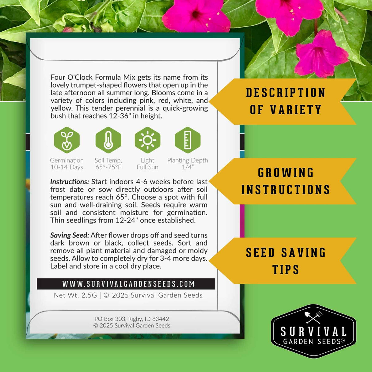Survival Garden Seeds packet with growing instructions and seed saving tips on a green background with flowers.