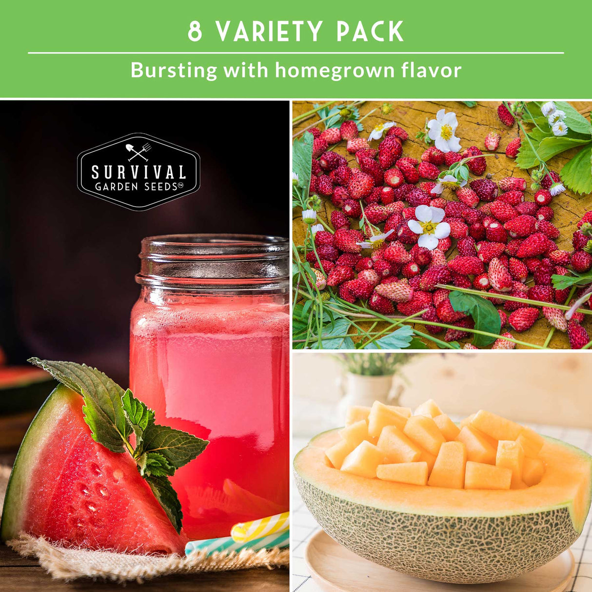 8 Variety Pack of Survival Garden Seeds with images of a jar of pink juice, watermelon, raspberries, and cantaloupe.