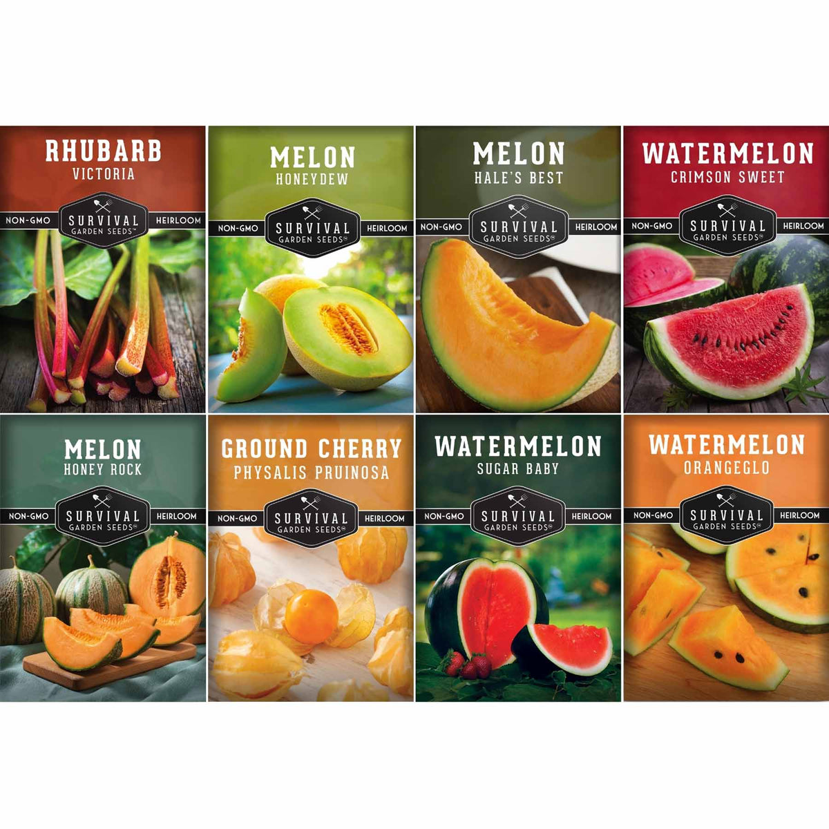 8-Variety Heirloom Fruit Seed Collection – Non-GMO Rhubarb, Melon & Watermelon Seeds for Home Gardens