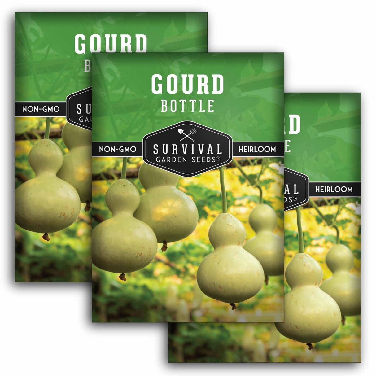 Three packages of Survival Garden Seeds Gourd Bottle with gourds in the background.