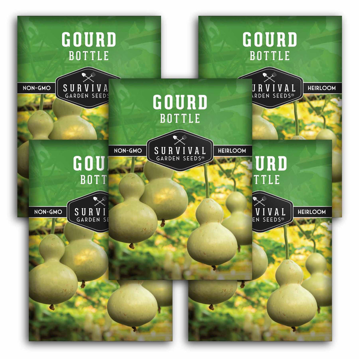 Gourd bottle seed packets with green background and gourd images.