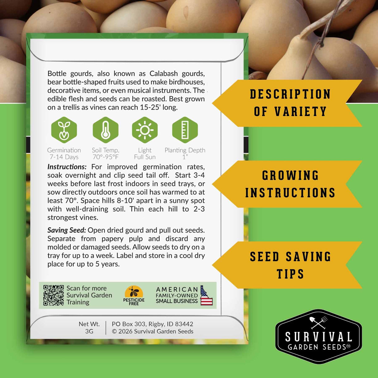 Survival Garden Seeds bottle gourd seed packet with text and graphics on a green background