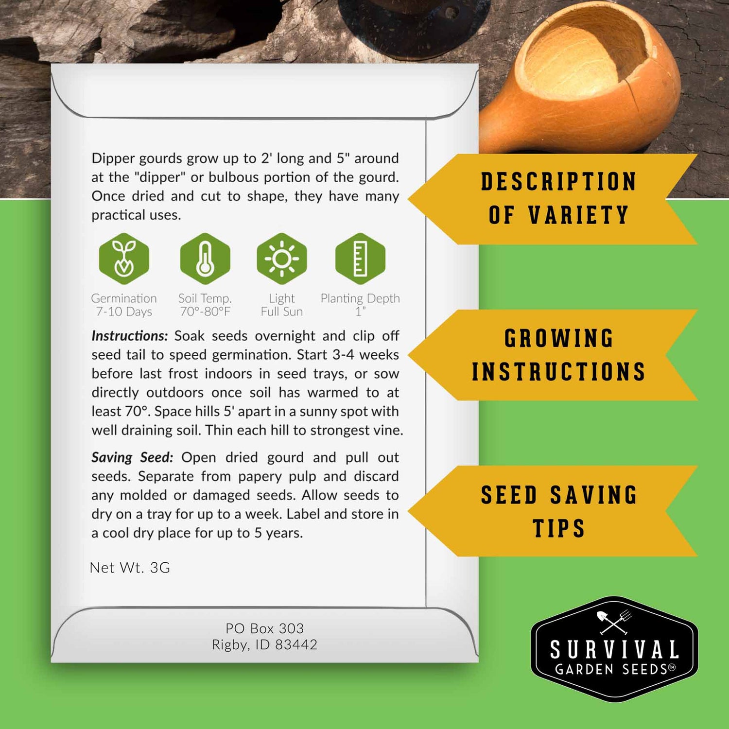 Survival Garden Seeds gourd seed packet with text and illustrations on a green background
