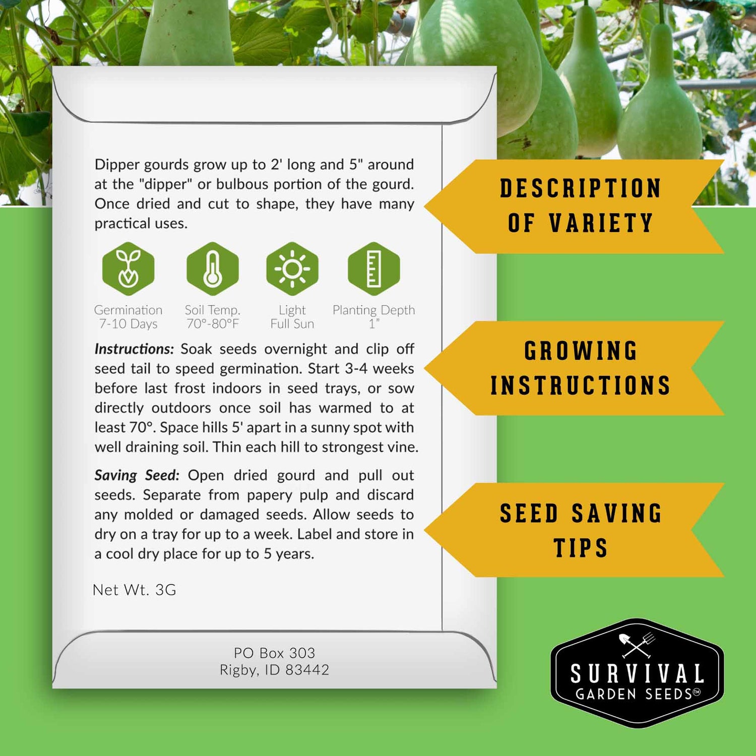 Survival Garden Seeds packet with gourd information on a green background