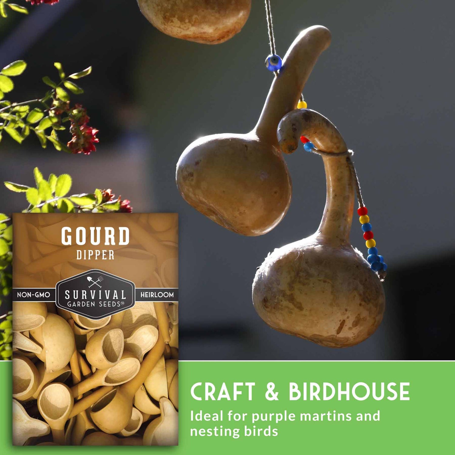 Gourd craft and birdhouse with Survival Garden Seeds packaging on a blurred natural background