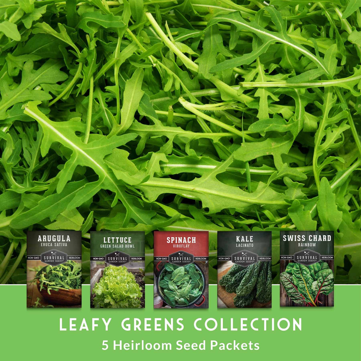 Heirloom seed packets for leafy greens with a background of fresh green leafy vegetables.