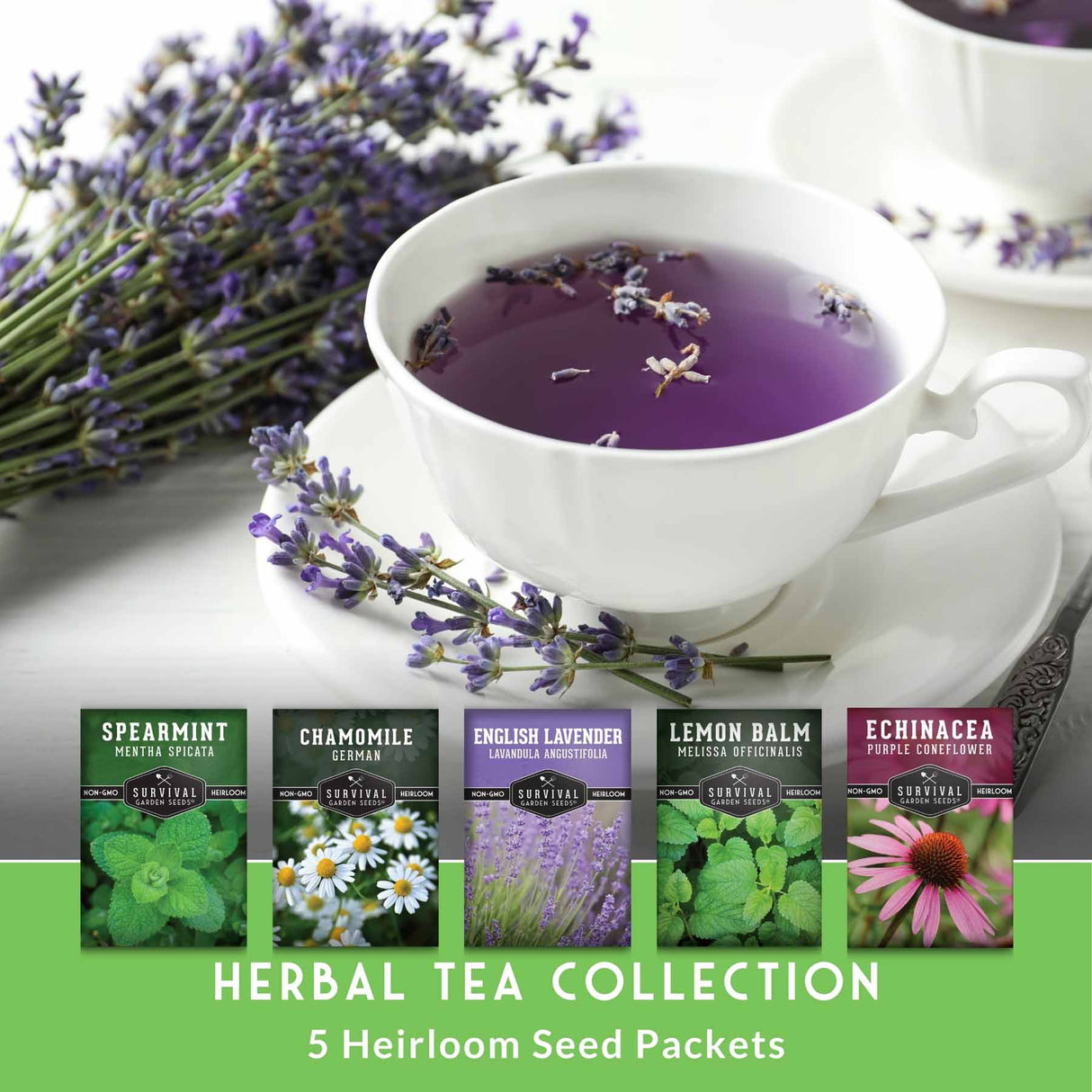 Herbal tea with lavender and five herbal tea seed packets on a white background