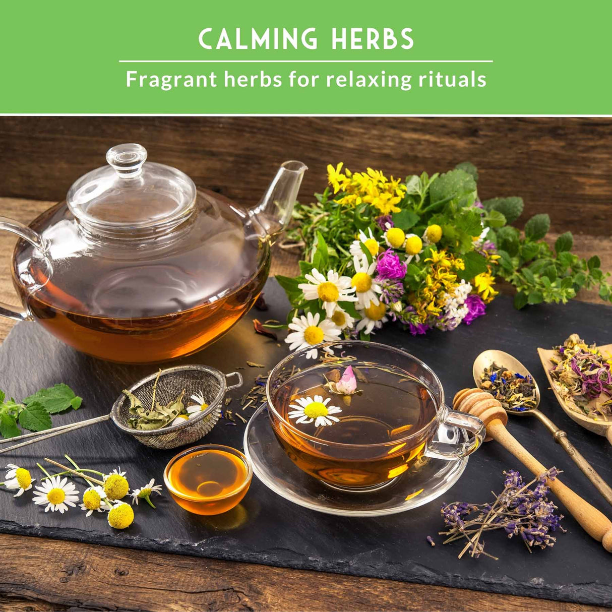 Tea set with herbs and flowers on a wooden table, promoting calming herbs for relaxing rituals.