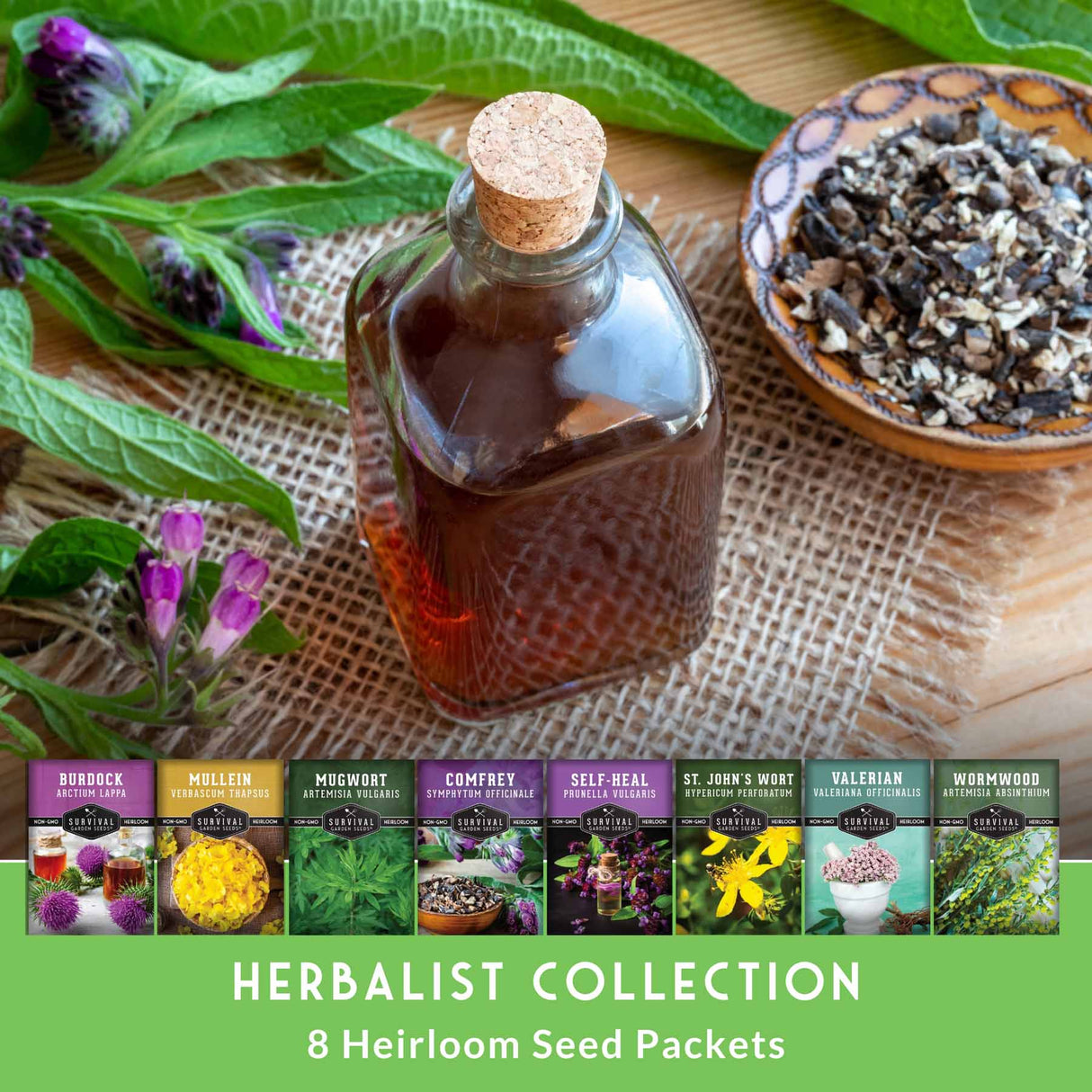 Herbalist collection with bottle of liquid, dried herbs, and seed packets on a wooden surface.