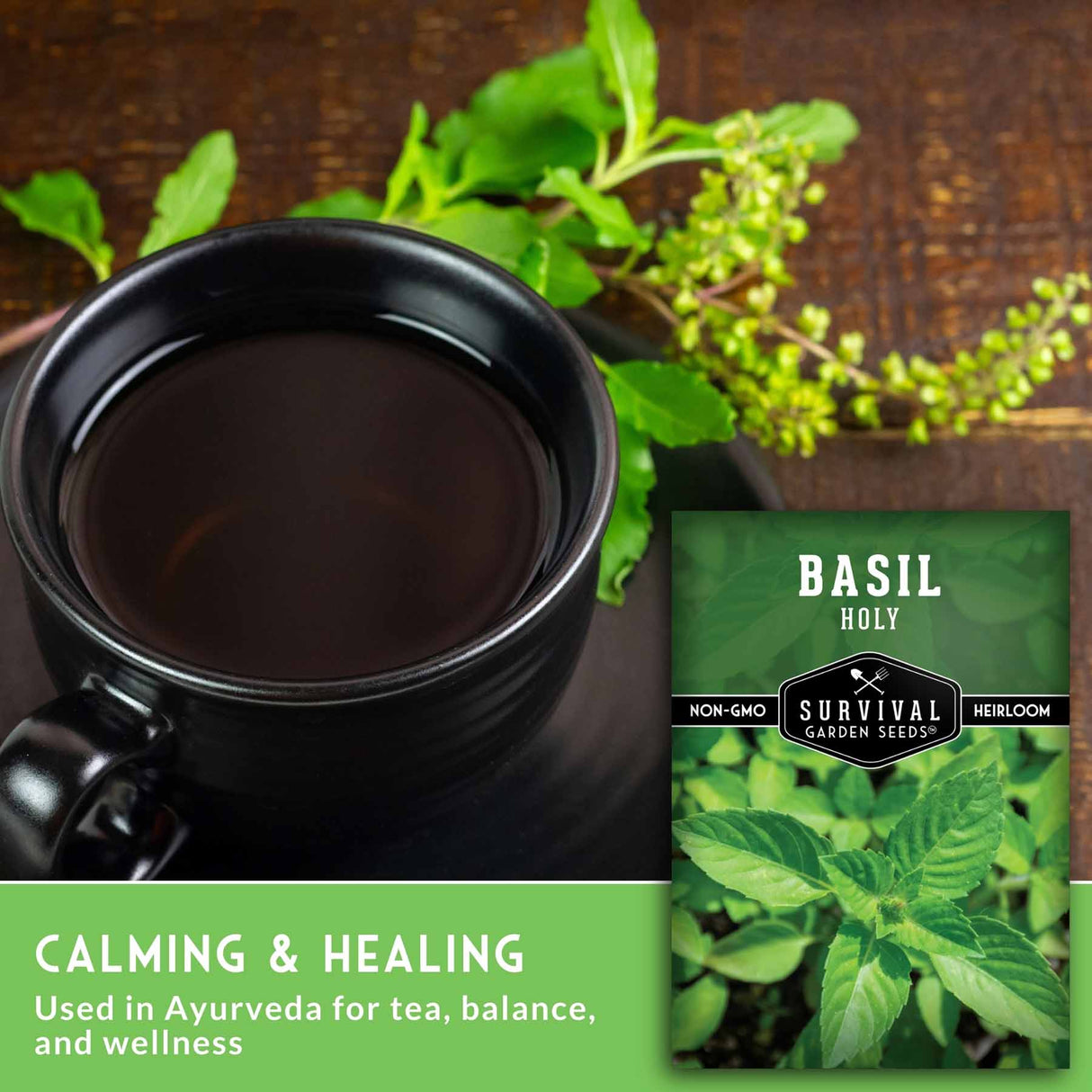 Black mug of tea with basil leaves and a basil seed packet on a wooden surface.