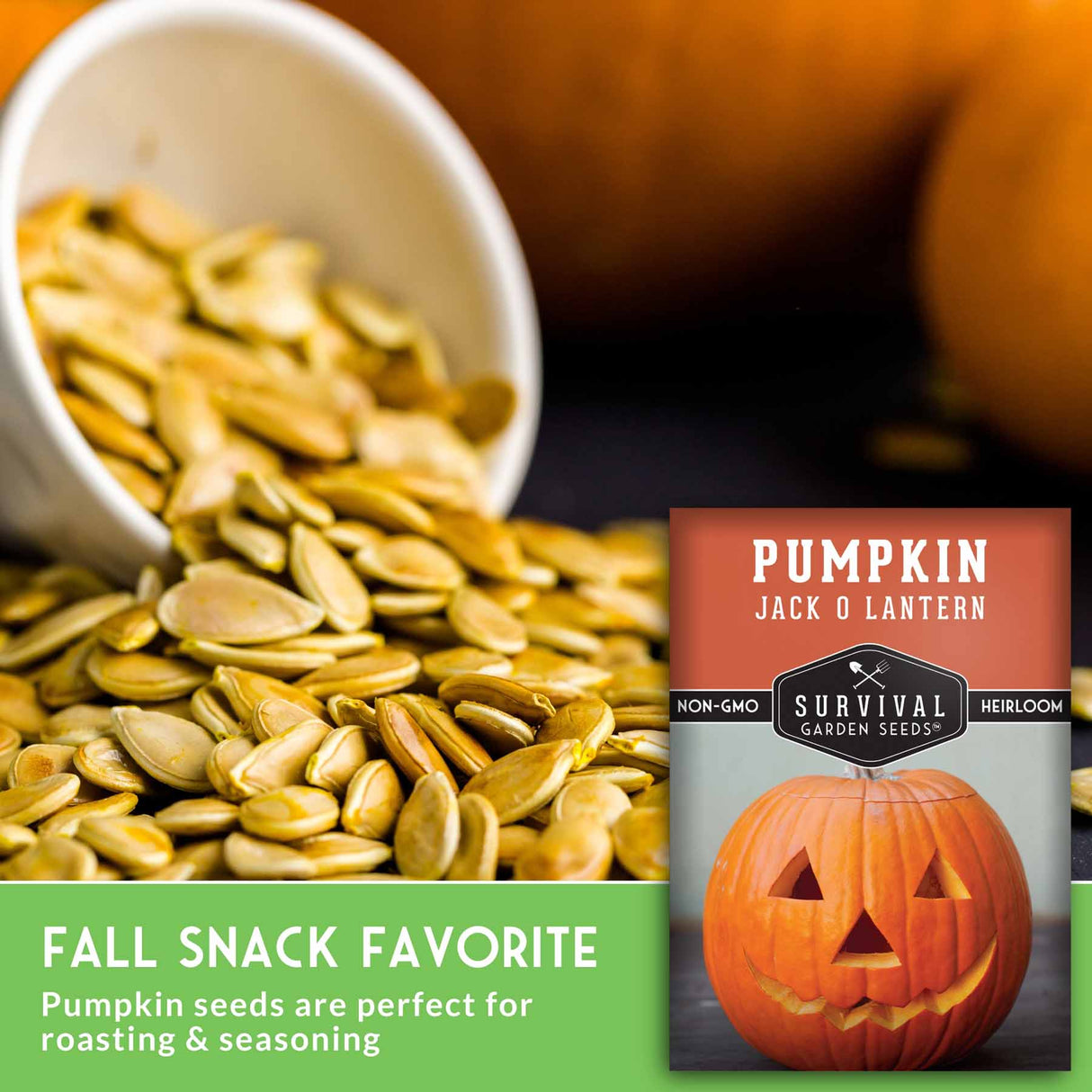 Pumpkin seeds in a bowl with a package of Survival Garden Seeds Pumpkin Jack O' Lantern seeds.