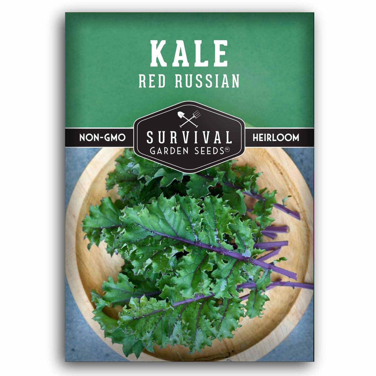 Kale Red Russian seed packet with 'Survival Garden Seeds' branding on a green background