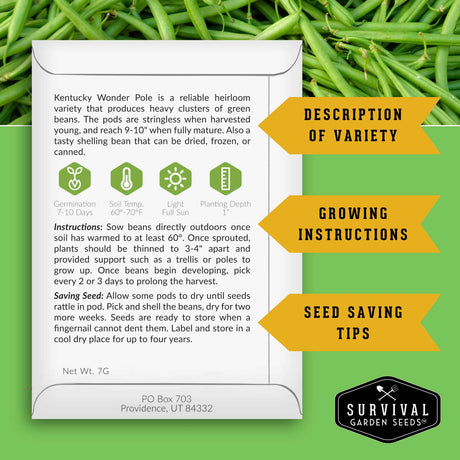 Survival Garden Seeds packet with green beans on a green background