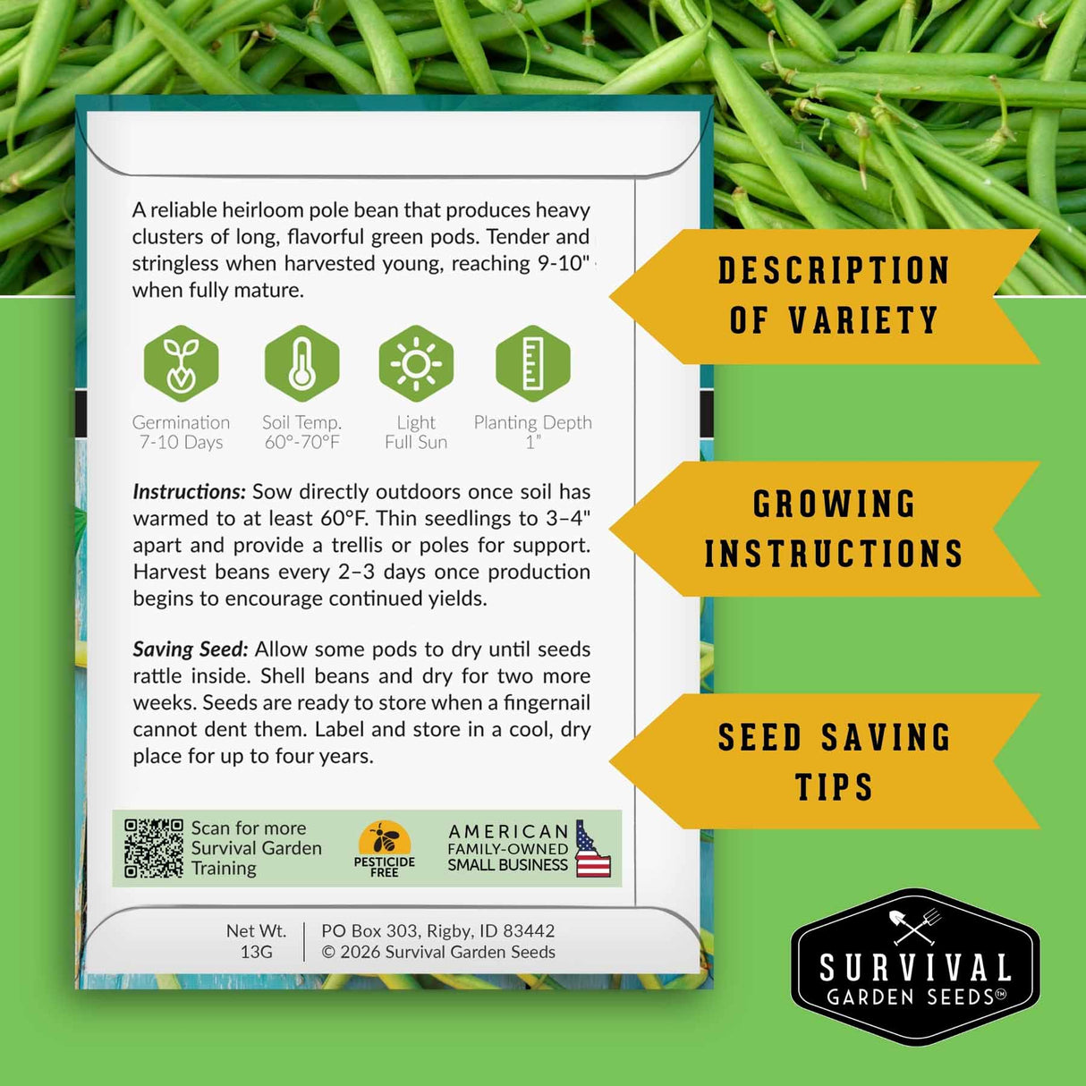 Survival Garden Seeds green bean seed packet with growing instructions and seed saving tips on a green background.