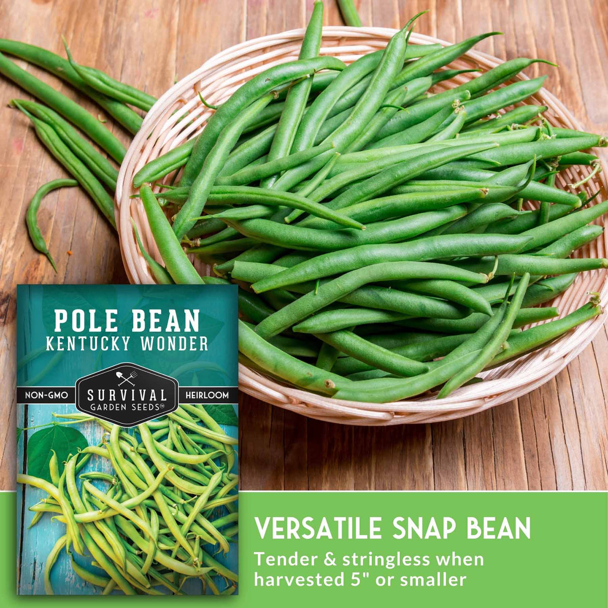 Basket of green beans next to a package of Kentucky Wonder pole beans on a wooden surface.