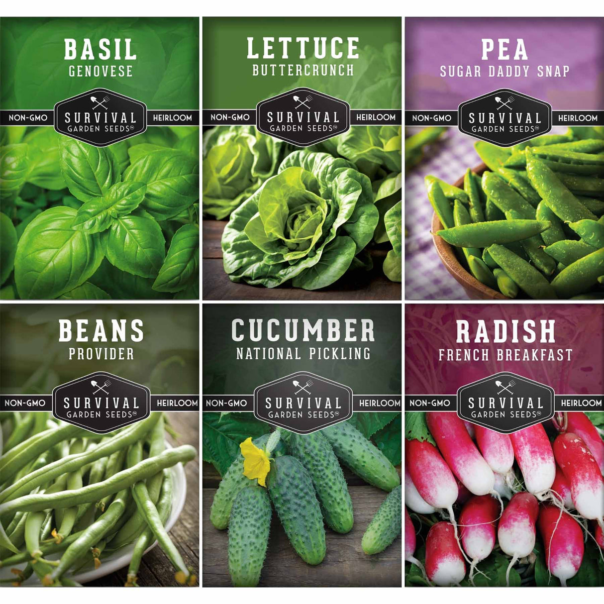 A 6-panel seed variety collage from Survival Garden Seeds showing fresh produce: basil, lettuce, peas, beans, cucumbers, and radishes, each panel with the variety name and a Survival Garden Seeds label.