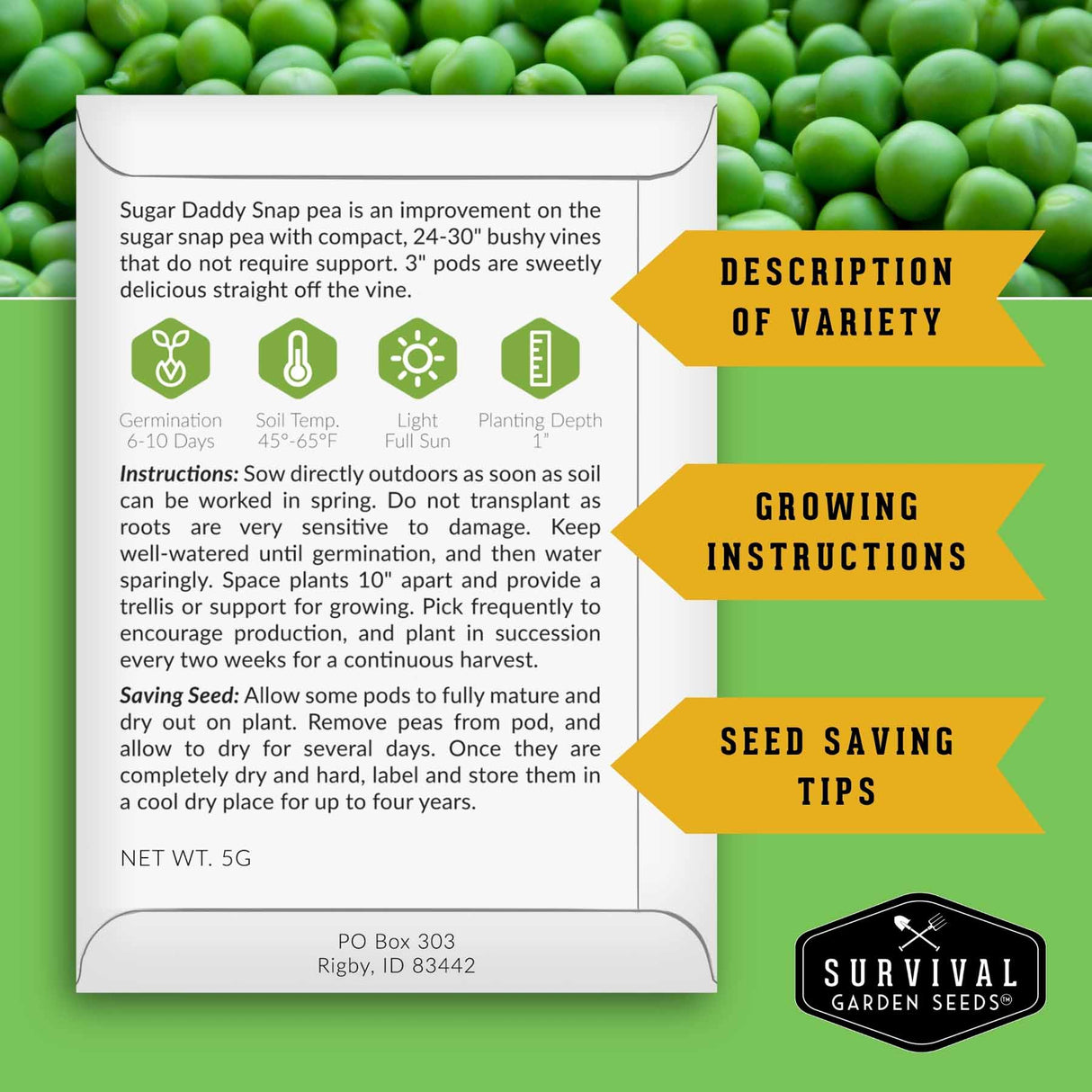 Survival Garden Seeds packaging with sugar snap pea seeds on a green background