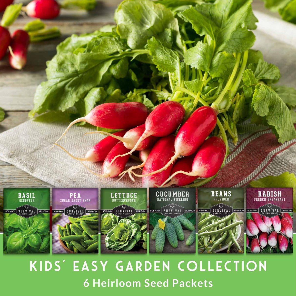 A garden seed packet collection advertisement showing six Survival brand seed packets along with fresh radishes and green leaves on a rustic wooden surface. Text at the bottom reads 'KIDS' EASY GARDEN COLLECTION' and '6 Heirloom Seed Packets'.