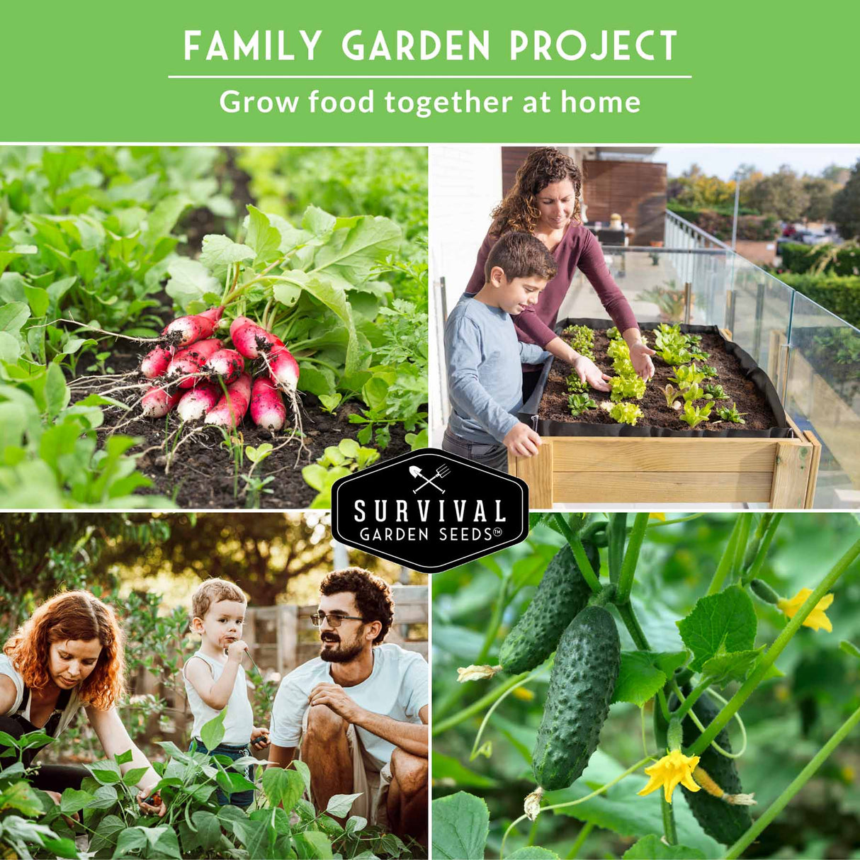 Collage of people gardening with text 'Family Garden Project' and 'Survival Garden Seeds' logo.