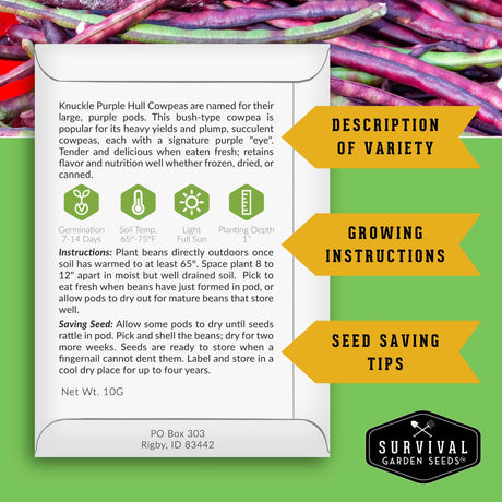 Survival Garden Seeds packaging with cowpea instruction text on a green background