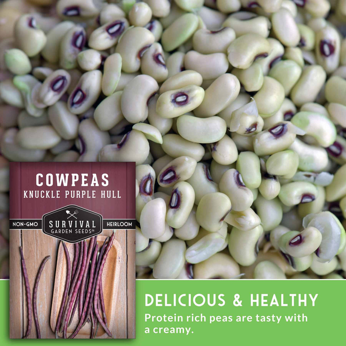 Cowpeas with a seed packet labeled 'Survival Garden Seeds' on a textured background.
