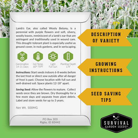 Survival Garden Seeds packaging with seed information and branding
